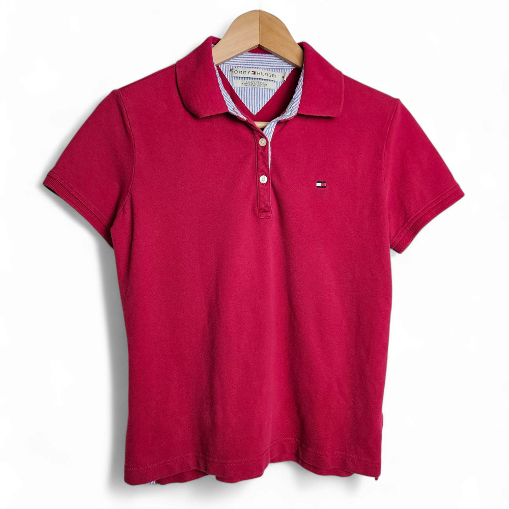 Tommy Hilfiger Womens Vintage Slim Cut Red Cotton Y2K Polo Shirt Top Size M